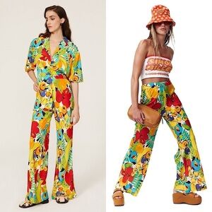 SIMON MILLER Tropical Floral Fruit Print High Rise Wide Leg Pull On Veda Pants L